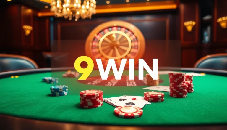 Experience thrilling poker action at 9WIN's luxury casino table with vibrant chips and roulette.