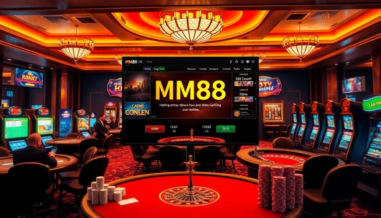 Engaging visual of MM88 online casino interface with games, chips, and players in a luxurious setting.