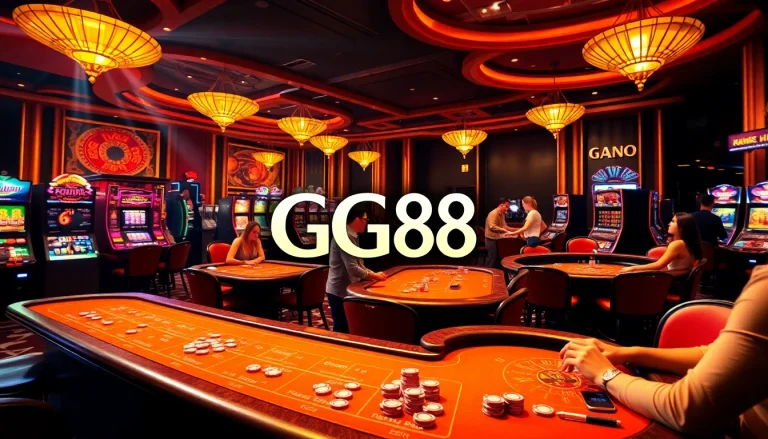 Experience the excitement of GG88 casino as players enjoy poker and colorful slot machines in a vibrant setting.