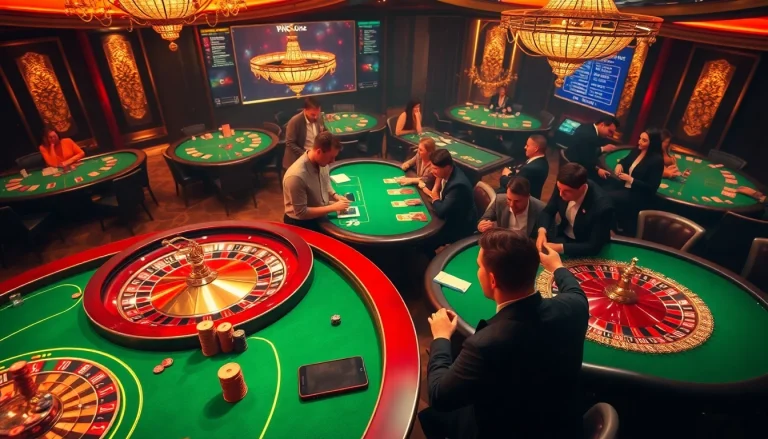 Gambling excitement with players using 상품권소액결제 at vibrant casino tables.