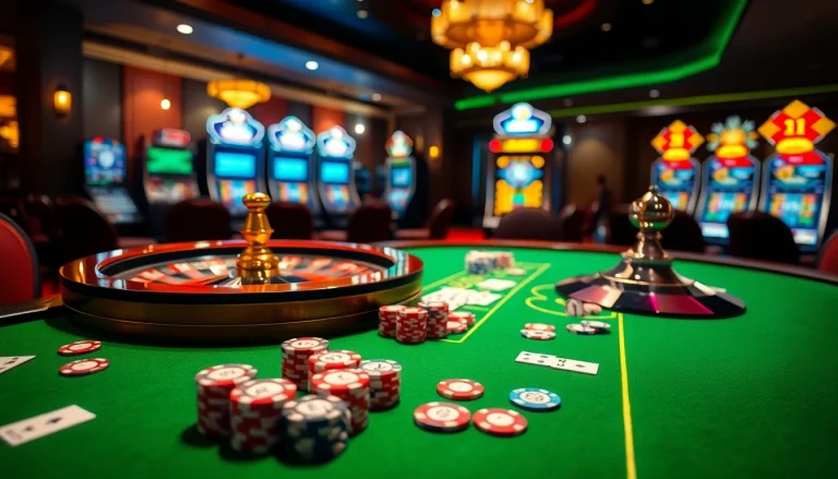 MM88 casino scene with poker chips, cards, and roulette wheel creating an exciting gambling atmosphere.