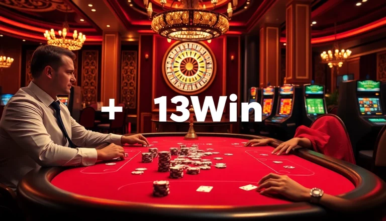 Engaging gamblers at a classy poker table with 13Win-themed chips and cards.