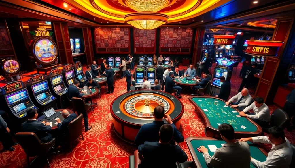 Exciting scene at Trang chủ 32Win showcasing a vibrant casino with poker tables and slot machines.