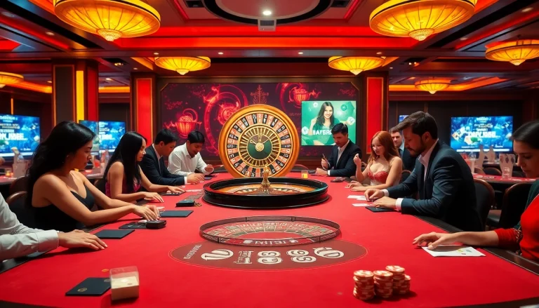 Engaging gambling scene at https://mm88.in.net/ featuring poker tables and roulette wheel.