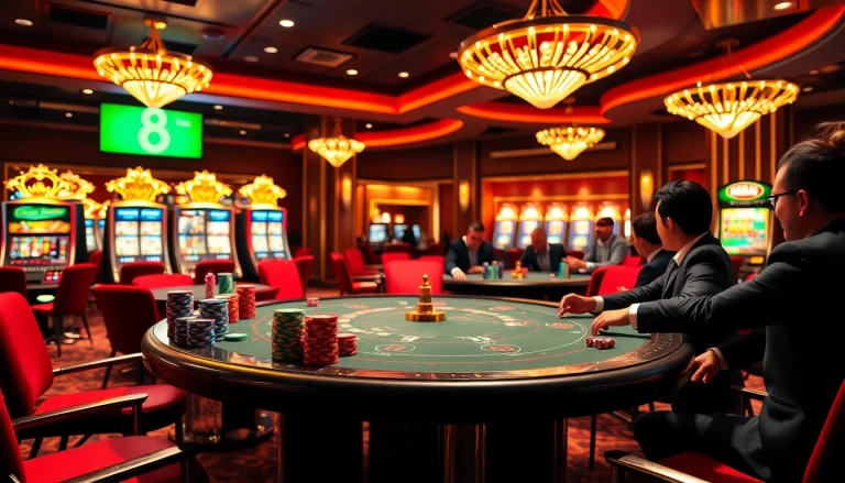 Winning players celebrate around a poker table at s8 com, showcasing chips and dice in an exciting casino.