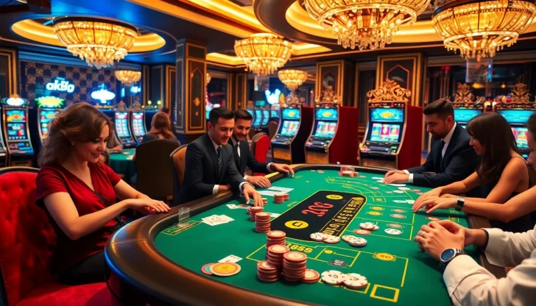 Engaging table games at the uk88 club, featuring an enthusiastic blackjack dealer and colorful chips.