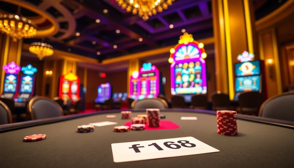 Experience luxurious gaming at f168 with vibrant slot machines and elegant poker tables.
