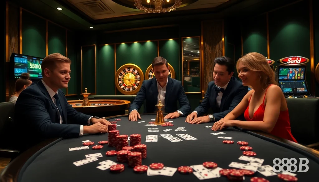 Players enjoy premium poker gameplay at a casino table with 888b vibes in an elegant setting.