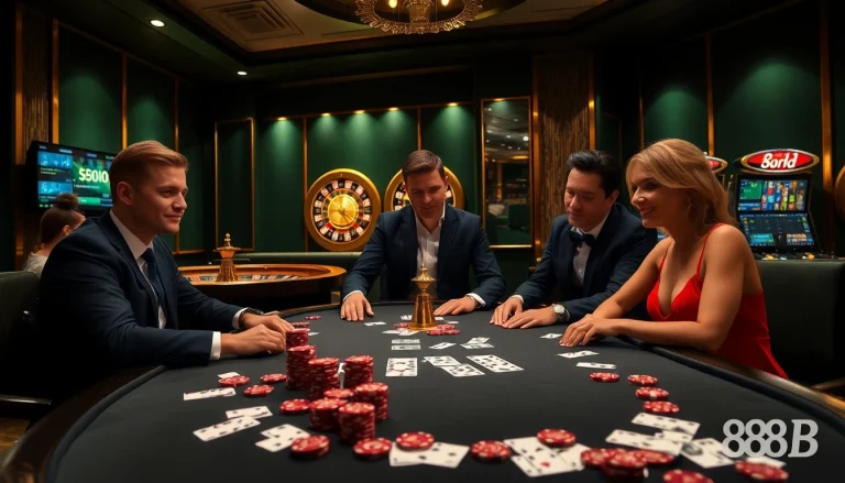 Players enjoy premium poker gameplay at a casino table with 888b vibes in an elegant setting.