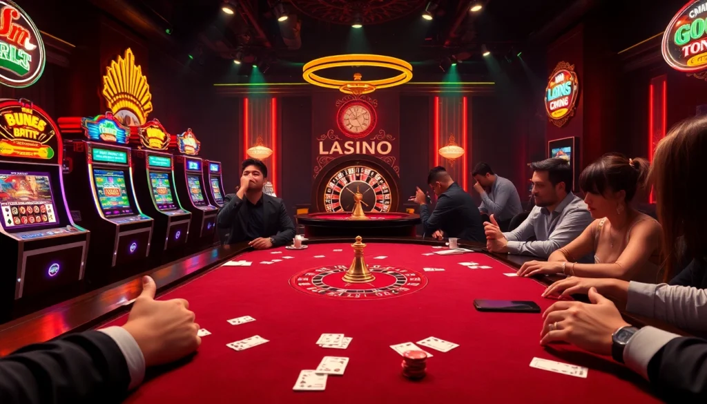 Excitement builds at a professional poker table with strategic nhận định kèo nhà cái elements present, vibrant slot machines and roulette in the background.
