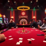 Excitement builds at a professional poker table with strategic nhận định kèo nhà cái elements present, vibrant slot machines and roulette in the background.