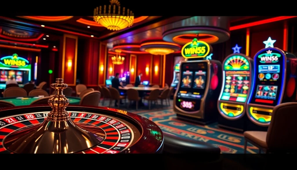 Players enjoying various games at a luxurious casino, highlighting the excitement of win55.
