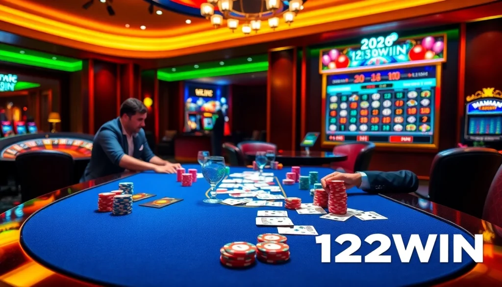 Players enjoying a thrilling game of poker at 123WIN, surrounded by vibrant casino elements.
