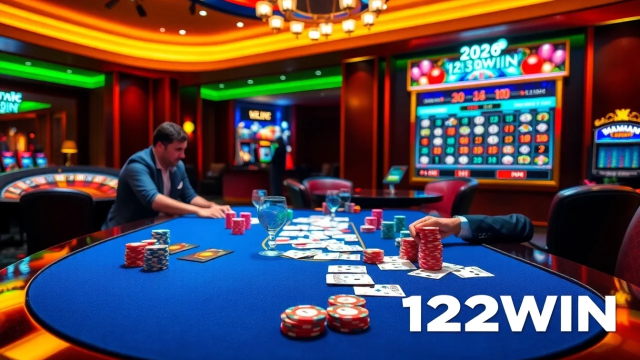 Players enjoying a thrilling game of poker at 123WIN, surrounded by vibrant casino elements.
