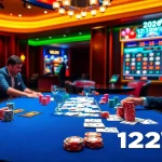 Players enjoying a thrilling game of poker at 123WIN, surrounded by vibrant casino elements.