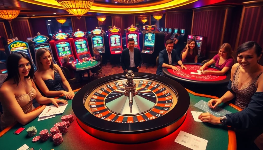 Gambling excitement at https://topxx88.com with vibrant casino tables and colorful slot machines.