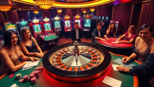 Gambling excitement at https://topxx88.com with vibrant casino tables and colorful slot machines.