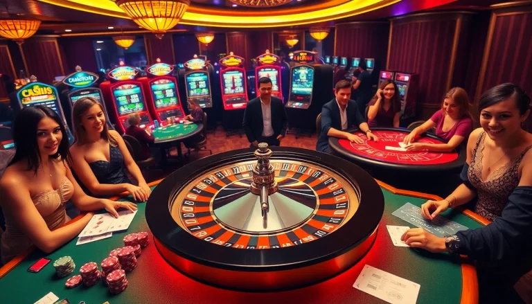 Gambling excitement at https://topxx88.com with vibrant casino tables and colorful slot machines.