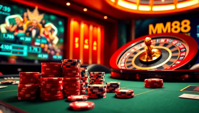 Experience the thrilling gameplay at MM88 with high-stakes poker and roulette tables in a luxurious casino setting.