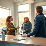 Friendly staff assisting customers with chirie auto ieftin in Chișinău rental office.