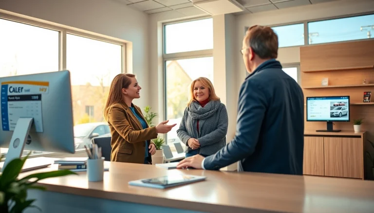 Friendly staff assisting customers with chirie auto ieftin in Chișinău rental office.