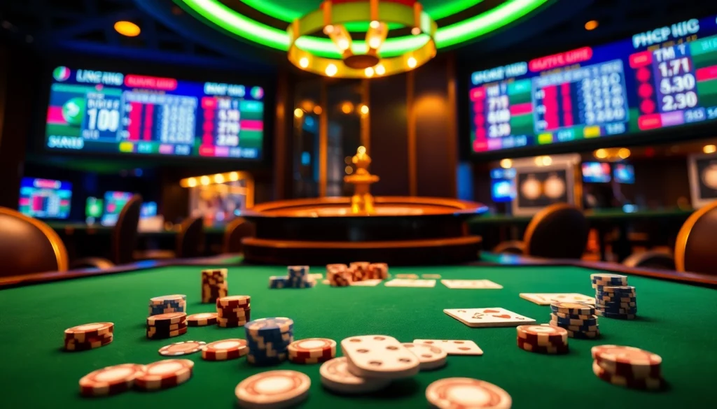 7m live sports betting scene with poker chips and dice on a casino table.