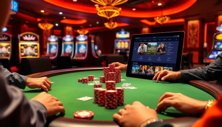 KJC poker players engaging in high-stakes games at a luxurious casino table under vibrant lights.