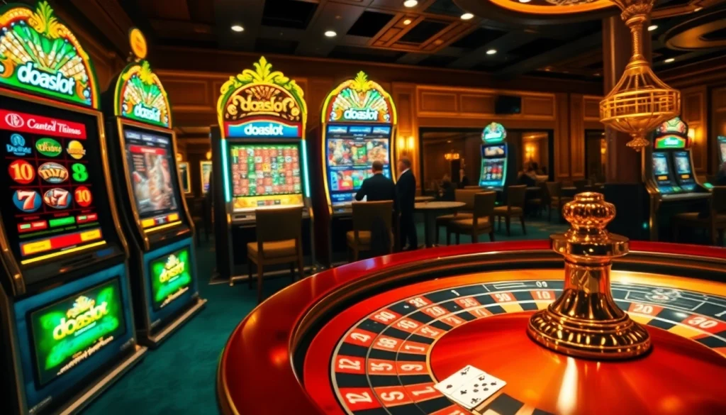 Players enjoy thrilling doaslot action at a luxurious casino filled with vibrant slot machines.