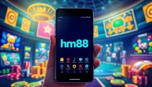 The hm88 app interface showcased on a smartphone amidst a vibrant online gaming environment, featuring colorful graphics and casino elements.