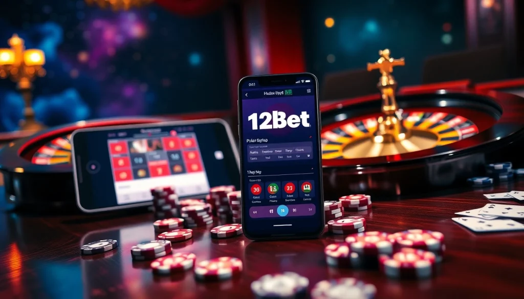 Players engaging with 12bet's online gambling interface, featuring casino elements and a smartphone experience.