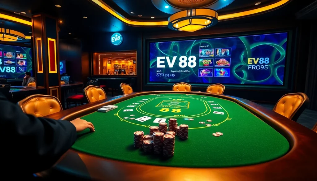 Players enjoy a high-stakes poker game at EV88's luxurious casino, highlighting online betting excitement.