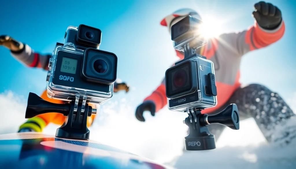 Action camera capturing extreme sports, showcasing its rugged design and vibrant colors.