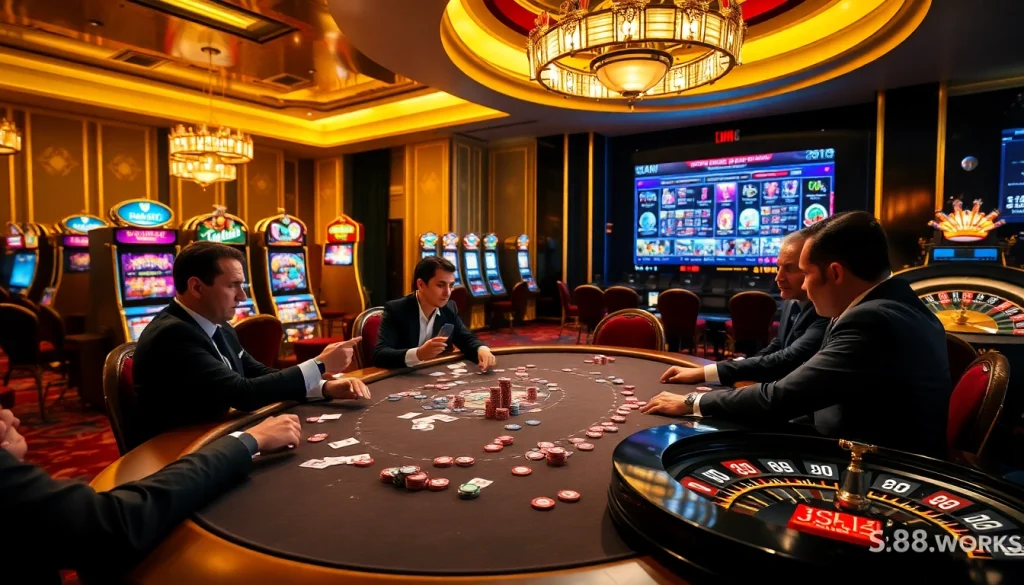 Experience thrilling gameplay at https://s88.works/ in a vibrant casino atmosphere with poker tables, roulette wheels, and slot machines.