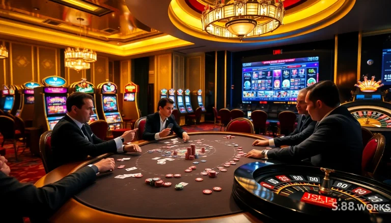 Experience thrilling gameplay at https://s88.works/ in a vibrant casino atmosphere with poker tables, roulette wheels, and slot machines.
