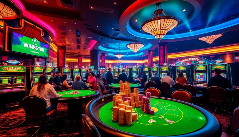 Excited casino players enjoying games with WINBET58 branding on slots and tables.