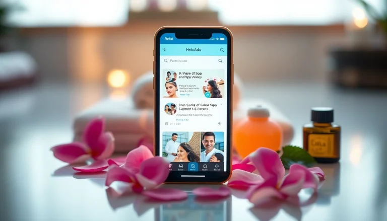 Interactive Hela Ads app displayed on mobile, showcasing personal and spa services.