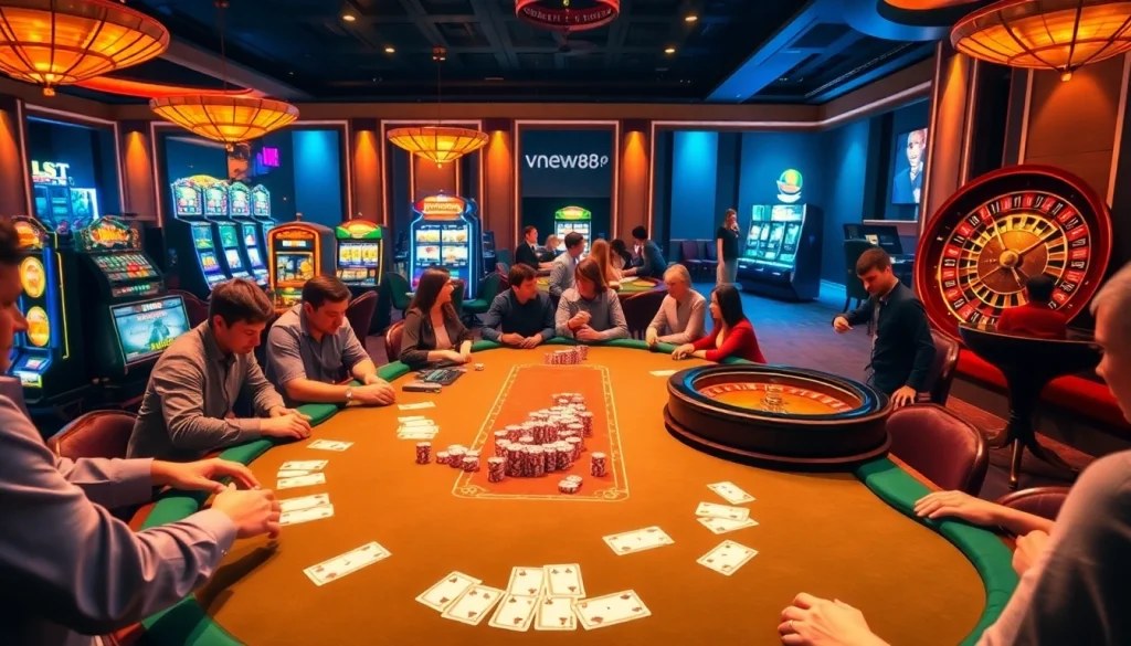 Engaging players in a lively casino scene at https://vnew88.vip/ surrounded by chips and cards.