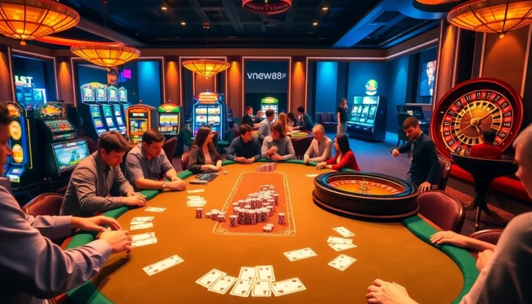 Engaging players in a lively casino scene at https://vnew88.vip/ surrounded by chips and cards.