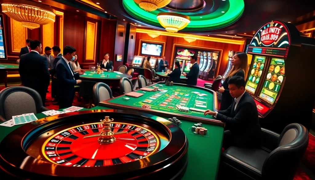 Players enjoying exciting casino games at Nhà cái OK8386 with roulette and poker highlights.