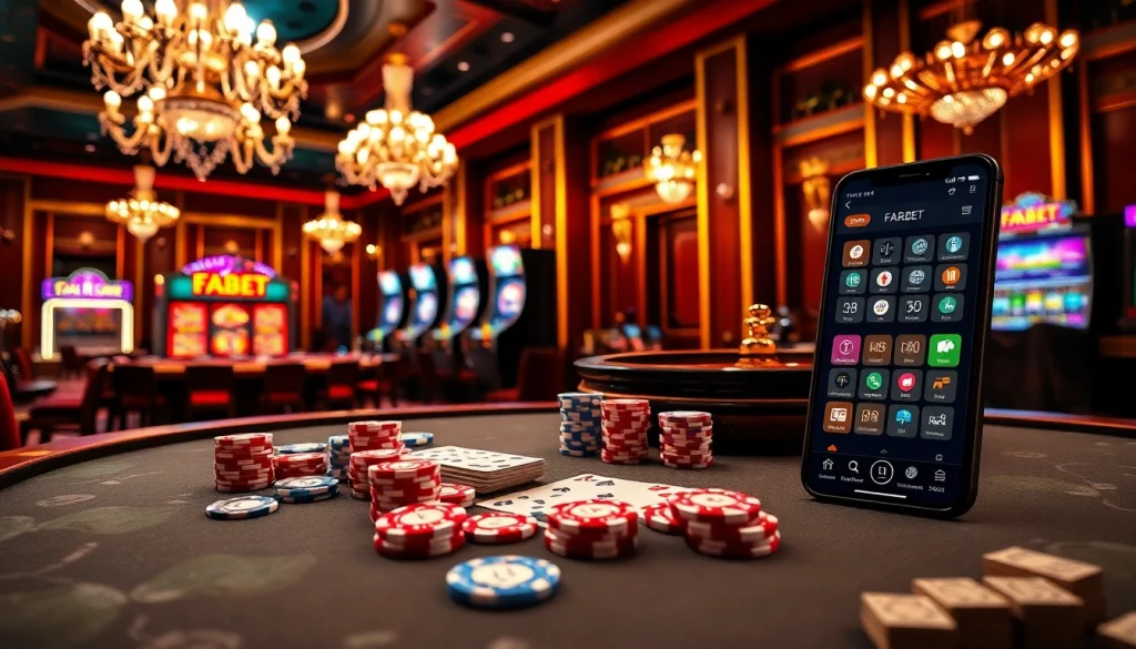 FABET poker table scene showcasing vibrant chips and professional atmosphere.