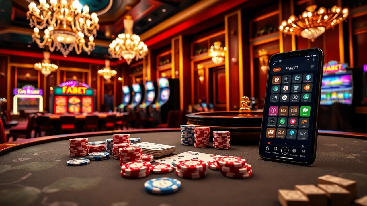 FABET poker table scene showcasing vibrant chips and professional atmosphere.