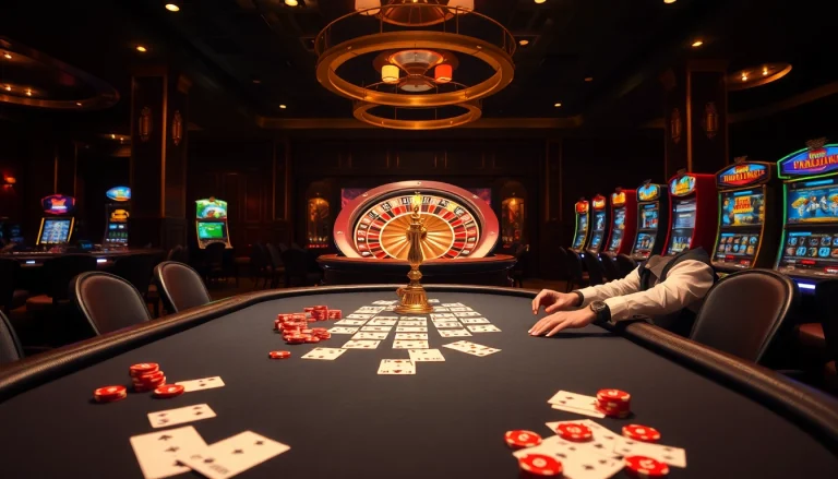 Experience exquisite gambling at RR88's vibrant casino with roulette wheels and poker tables.