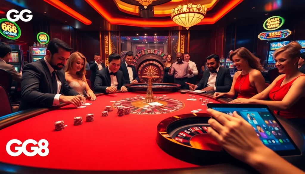 Engaged gamblers enjoying a luxurious GG 88 casino experience at a high-stakes poker table.