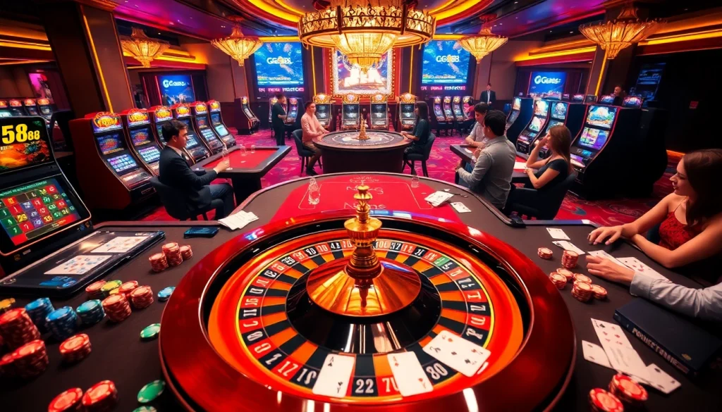Experience the excitement of GG88 with players enjoying high-stakes gaming at a vibrant casino table.