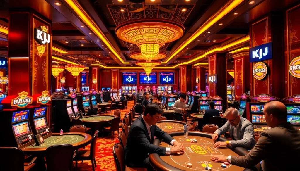 Experience the thrill of gambling at KJC's luxury casino with vibrant tables and excited players.