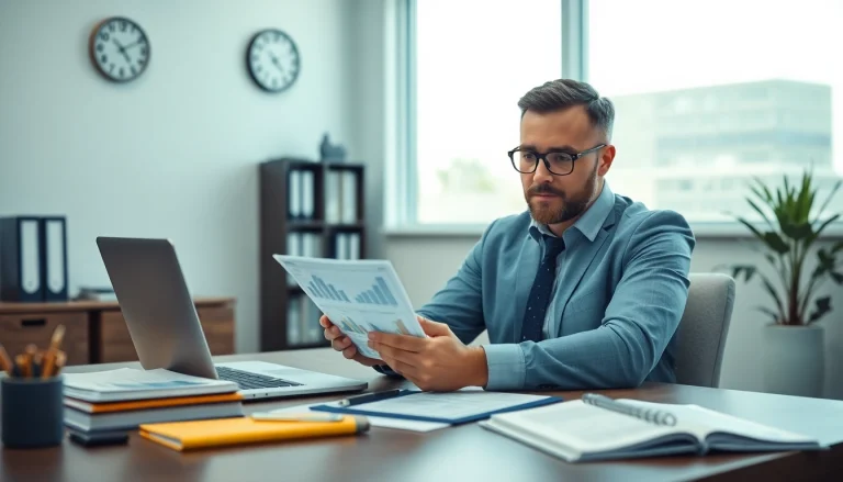 Księgowość dla firmy transportowej: księgowy analizujący dokumenty finansowe transportu w nowoczesnym biurze.