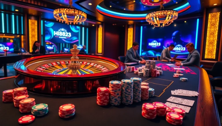 Experience the thrill of Hi8823 at a luxury casino table filled with poker chips and vibrant roulette.