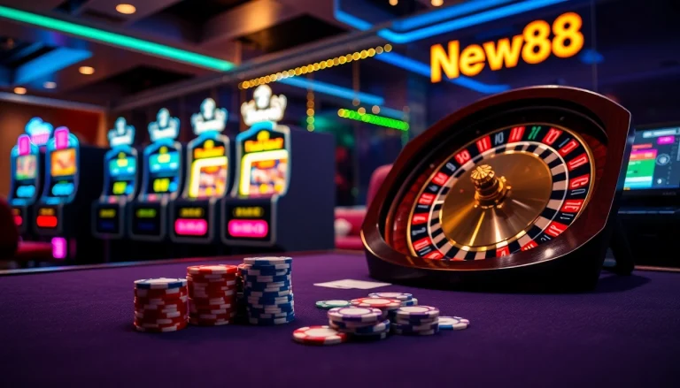 Experience the excitement of new88 with a luxurious casino setting filled with vibrant slot machines and poker tables.