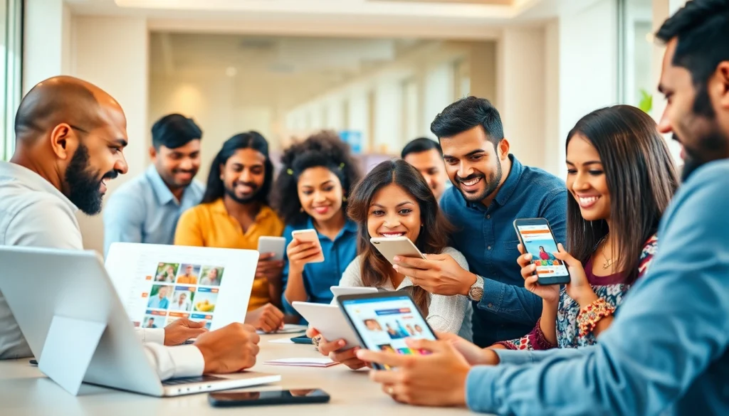 Lanka Ad users exploring diverse classified ads in a vibrant, modern workspace.