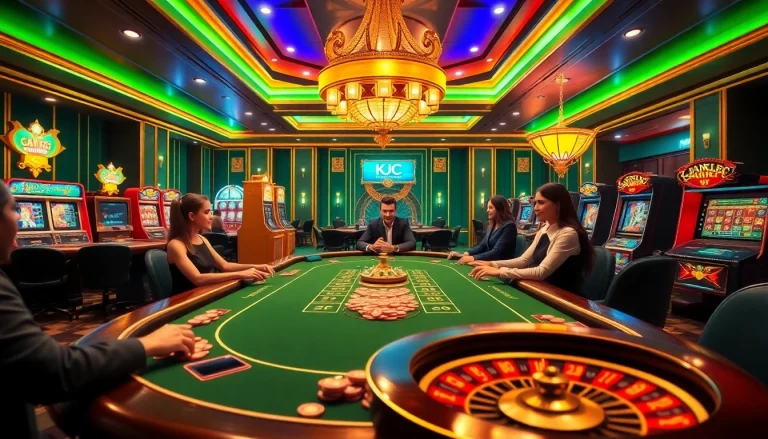 KJC gaming scene showcasing high-stakes poker with luxurious decor and players engaged in an exciting atmosphere.